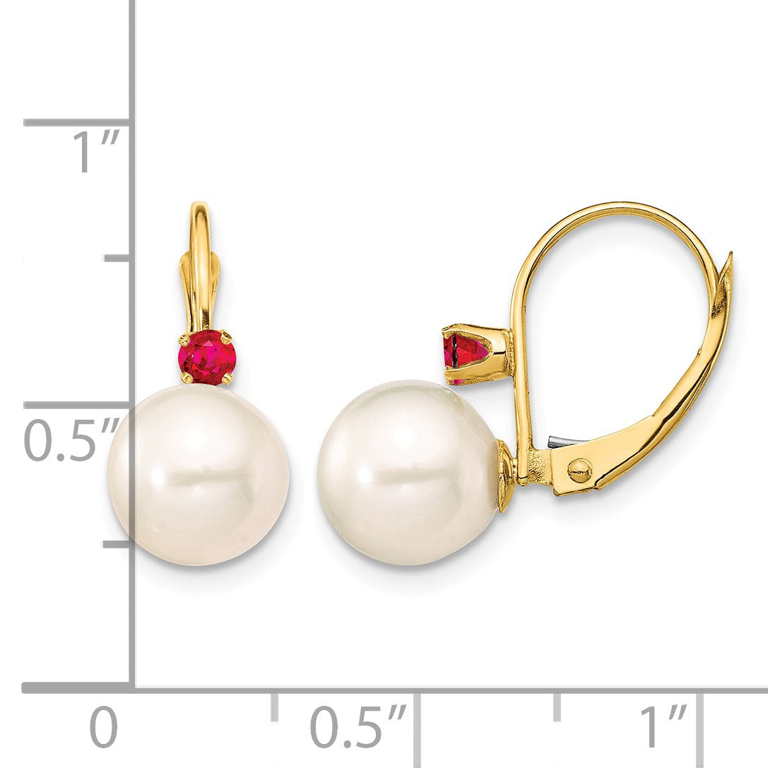 14k 8-8.5mm White Round Freshwater Cultured Pearl and .18RU Ruby Leverback Earrings