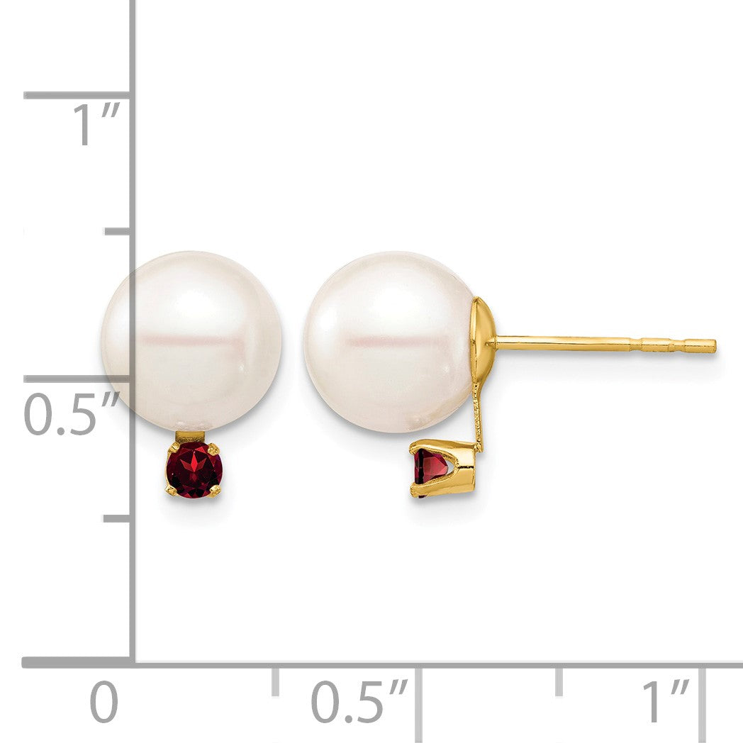 14k 8-8.5mm White Round Freshwater Cultured Pearl and .18GA Garnet Post Earrings