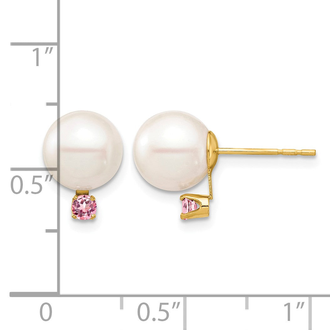 14k 8-8.5mm White Round Freshwater Cultured Pearl and .14PT Pink Topaz Post Earrings