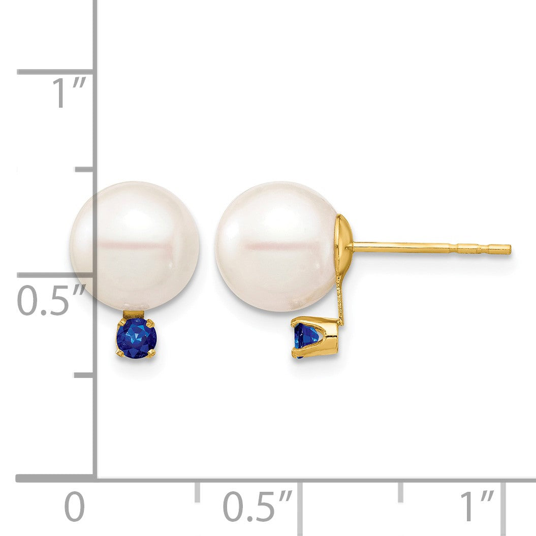14k 8-8.5mm White Round Freshwater Cultured Pearl and .18SA Sapphire Post Earrings
