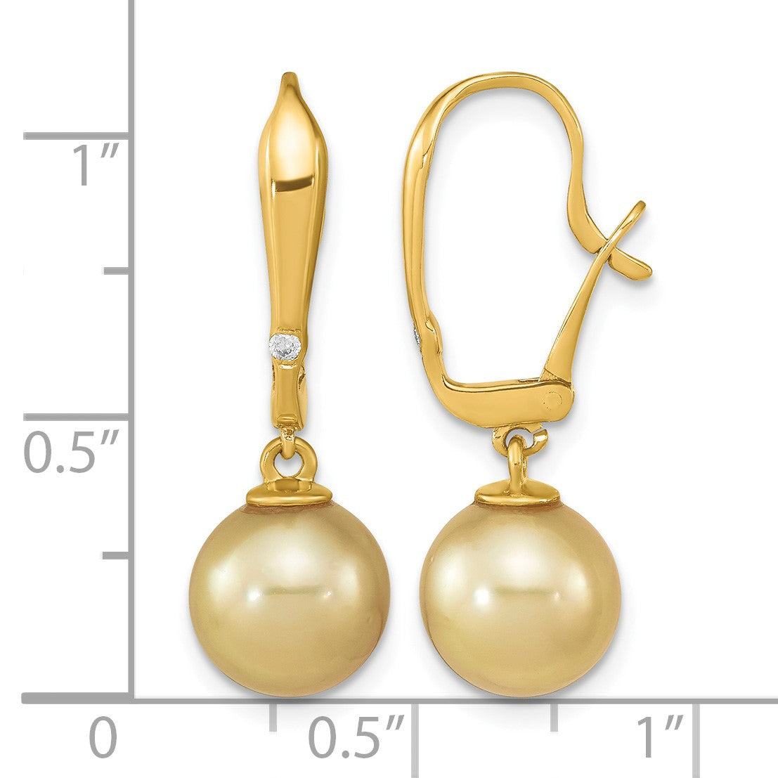 14k 9-10mm Round Golden South Sea Saltwater Cultured Pearl and .02 Carat Diamond Post Earrings