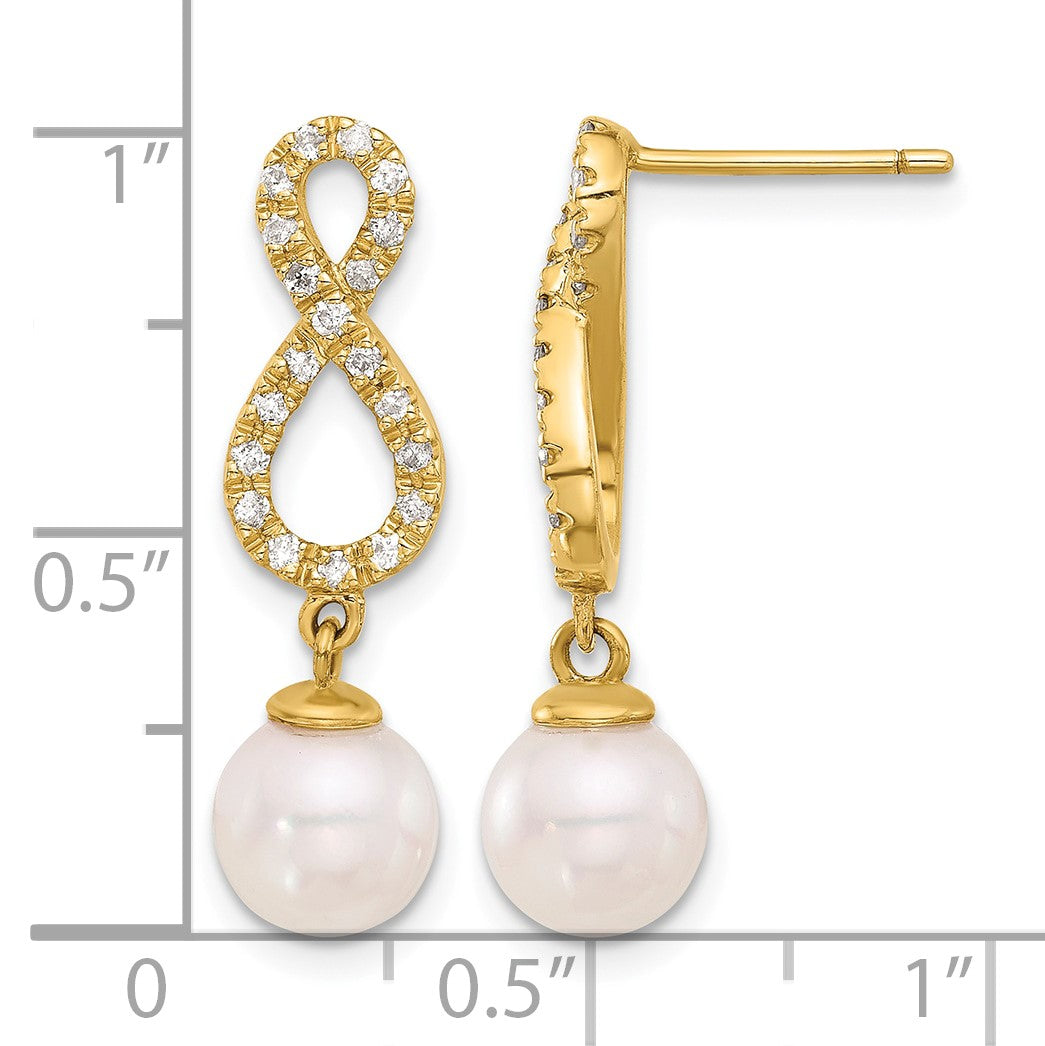 14k 7-8mm White Round Akoya Saltwater Cultured Pearl and .40 Carat Diamond Infinity Post Dangle Earrings