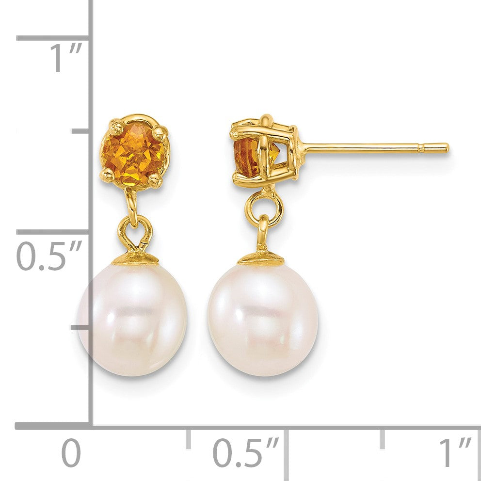 14k Polished 7-8mm Round White Freshwater Cultured Pearl and Citrine Dangle Post Earrings