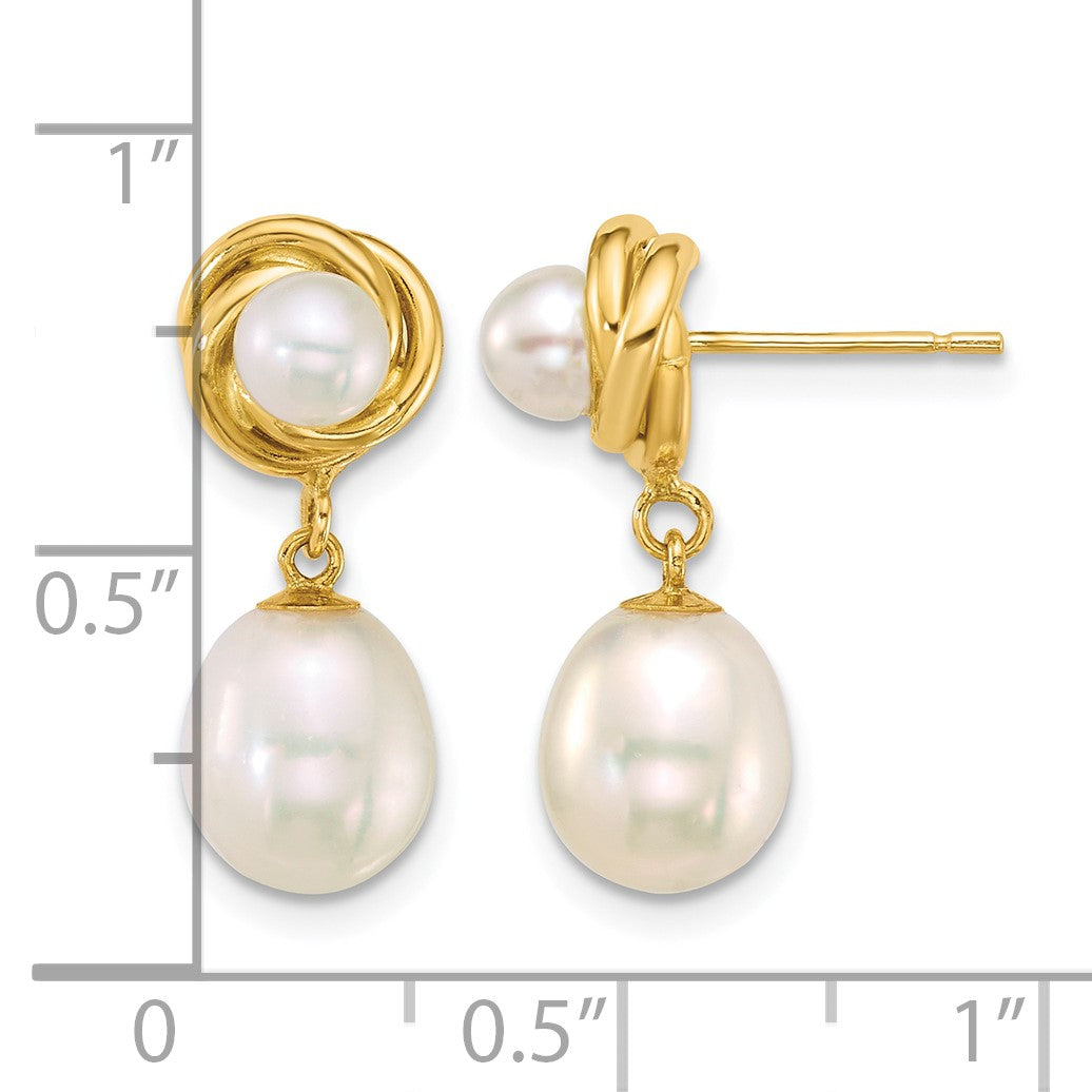 14k Polished 4-5mm Button and 7-8mm Rice White Freshwater Cultured Pearl Dangle Post Earrings