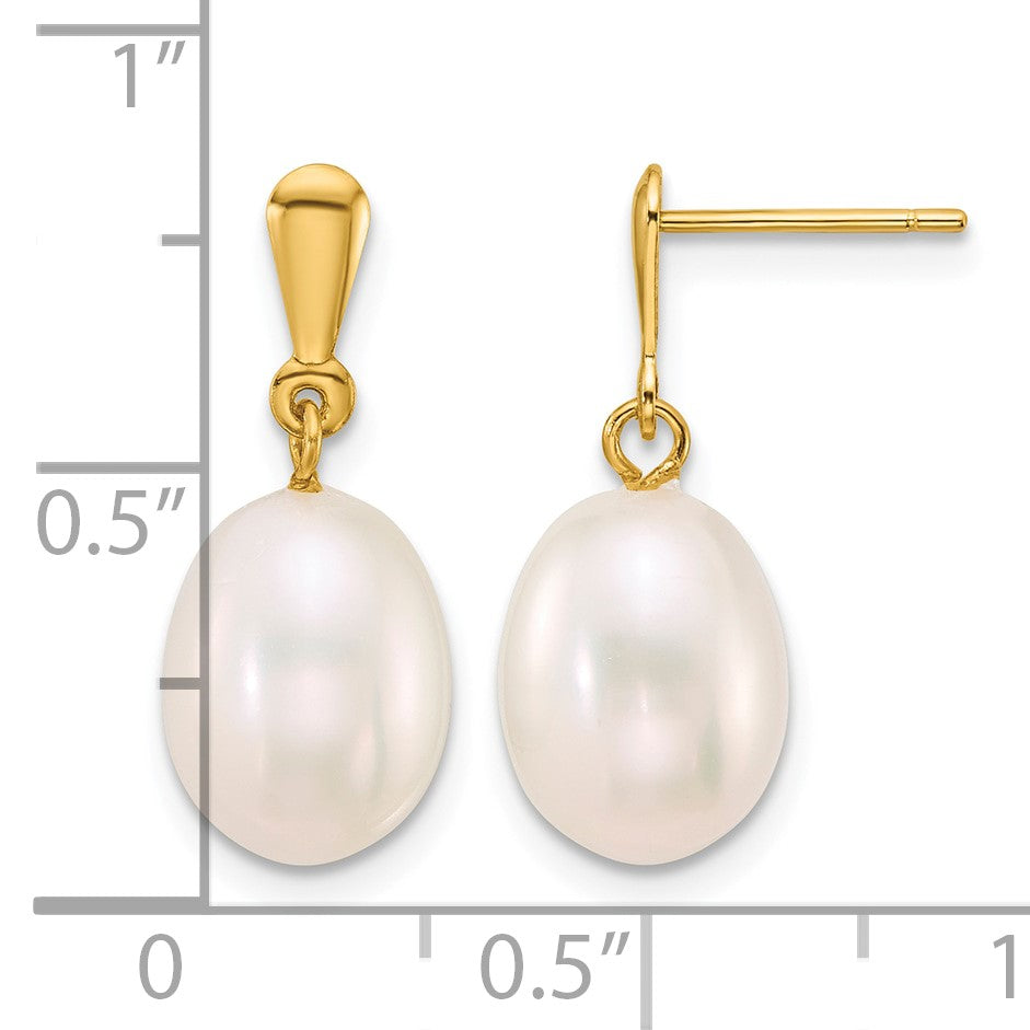 14k Polished 8-9mm Rice White Freshwater Cultured Pearl Dangle Post Earrings