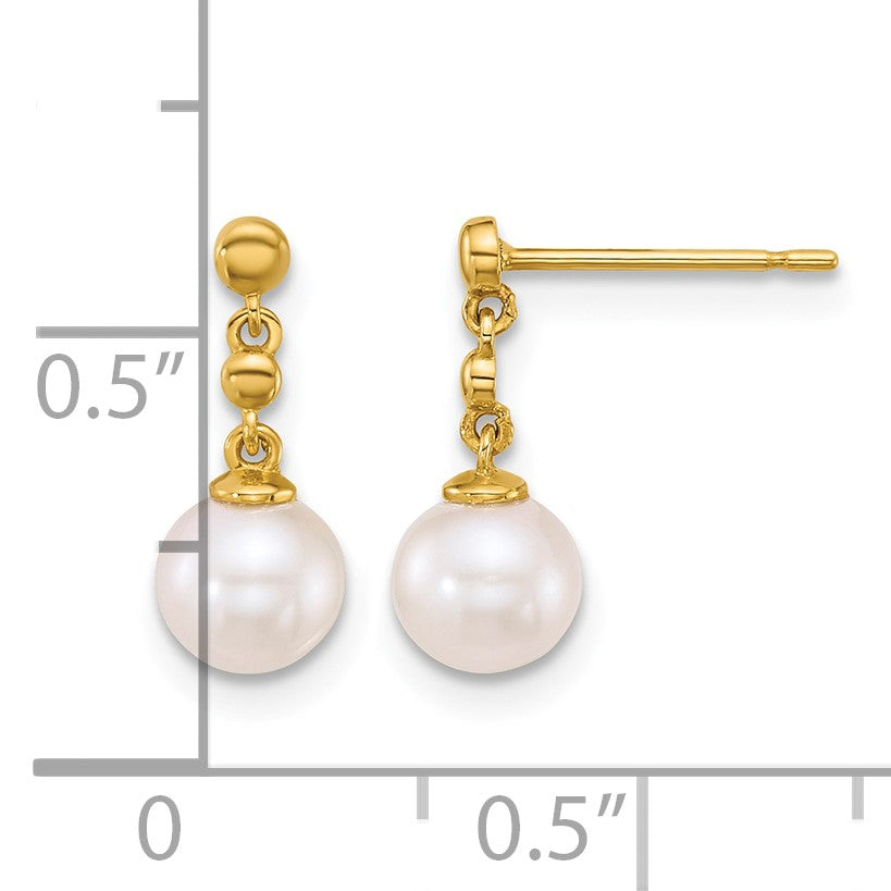 14k Polished 6-7mm White Round Freshwater Cultured Pearl Dangle Post Earrings