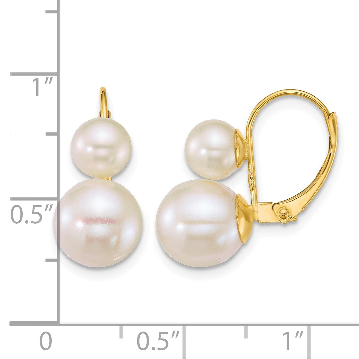 14k Polished 6-9mm Round White Freshwater Cultured 2-Pearl Leverback Earrings