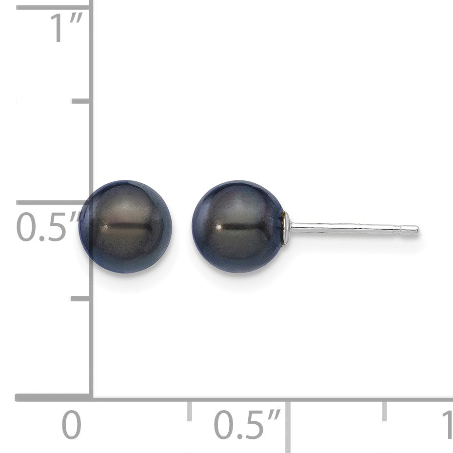 14k White Gold 6-7mm Black Round Akoya Saltwater Cultured Pearl Post Earrings