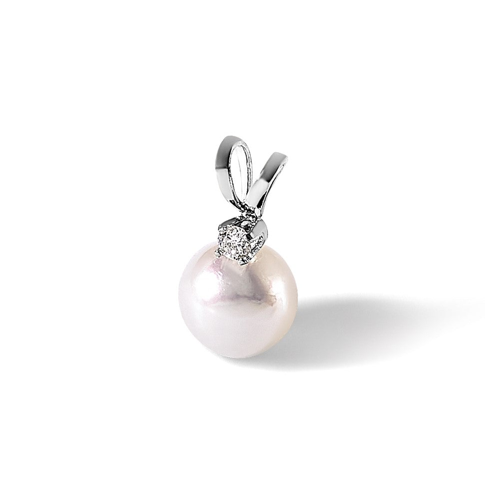 14k White Gold 6-7mm White Round Akoya Saltwater Pearl and .03 Carat Diamond Pendant