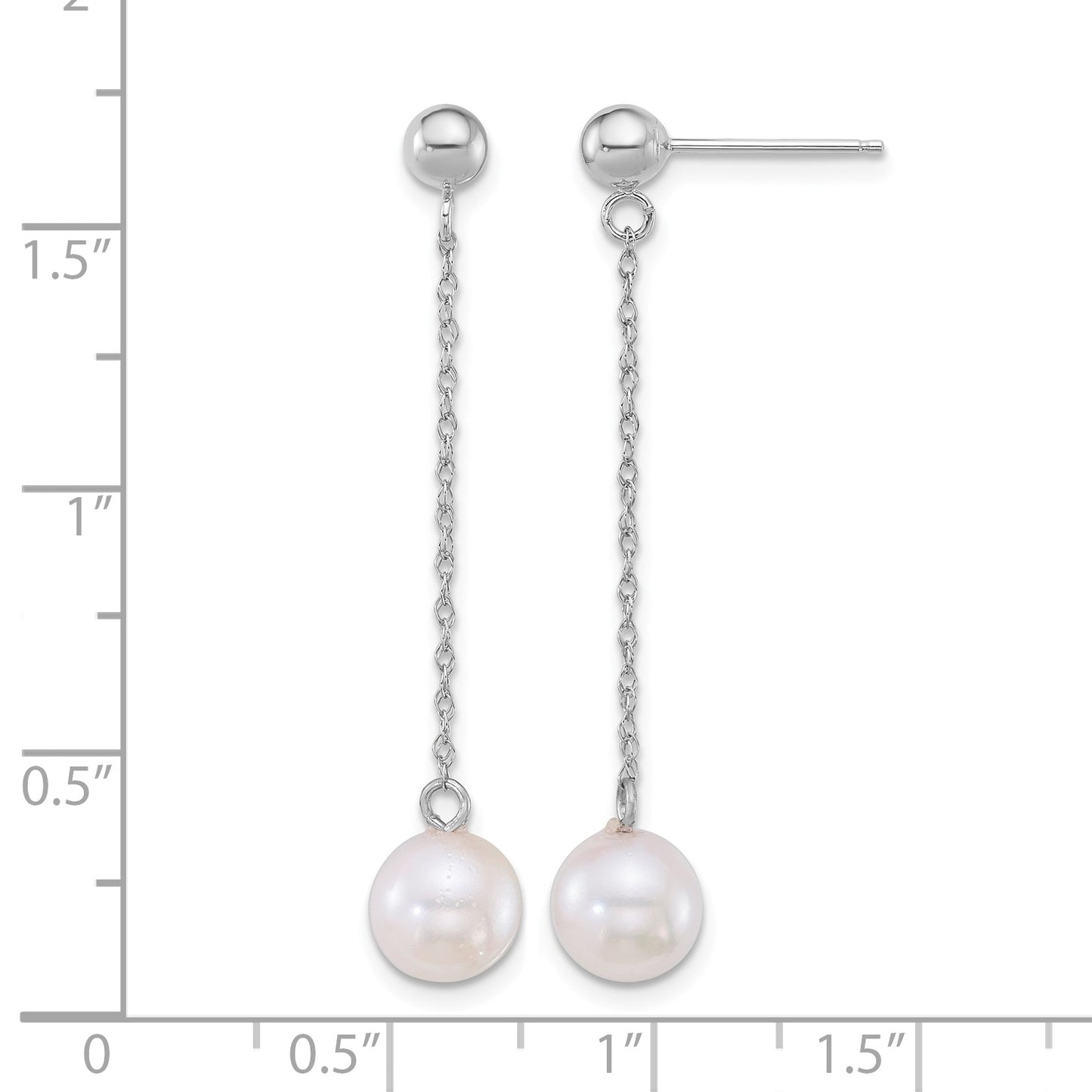 14k White Gold Polished 6.5-7mm White Round Akoya Saltwater Cultured Pearl Chain Dangle Post Earrings