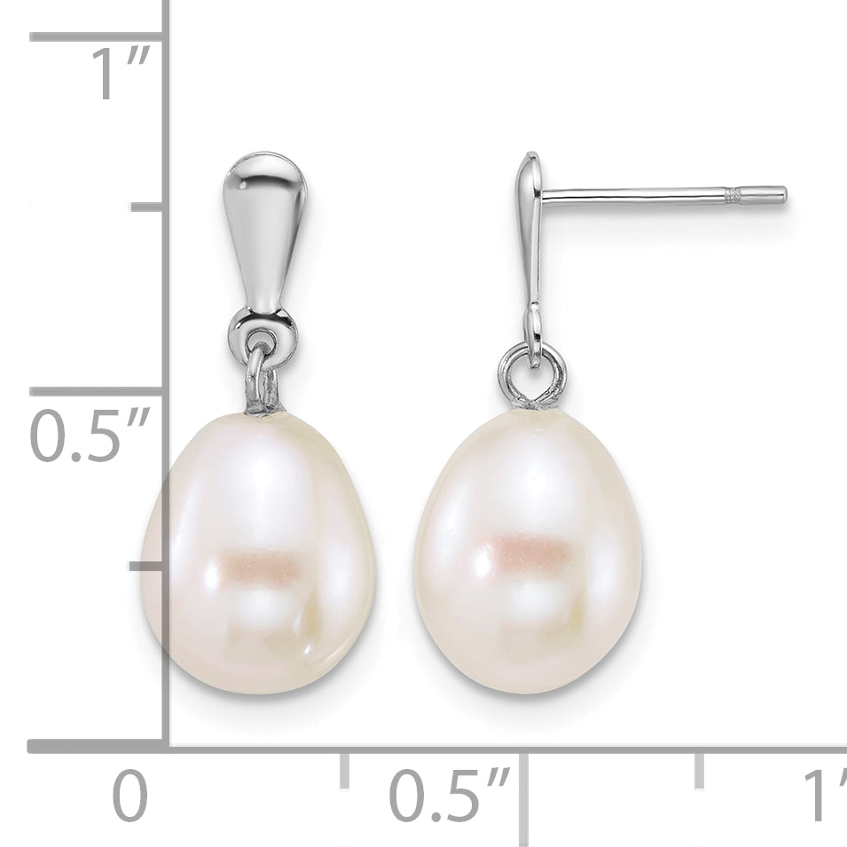 14k White Gold Polished 8-9mm Rice White Freshwater Cultured Pearl Dangle Post Earrings