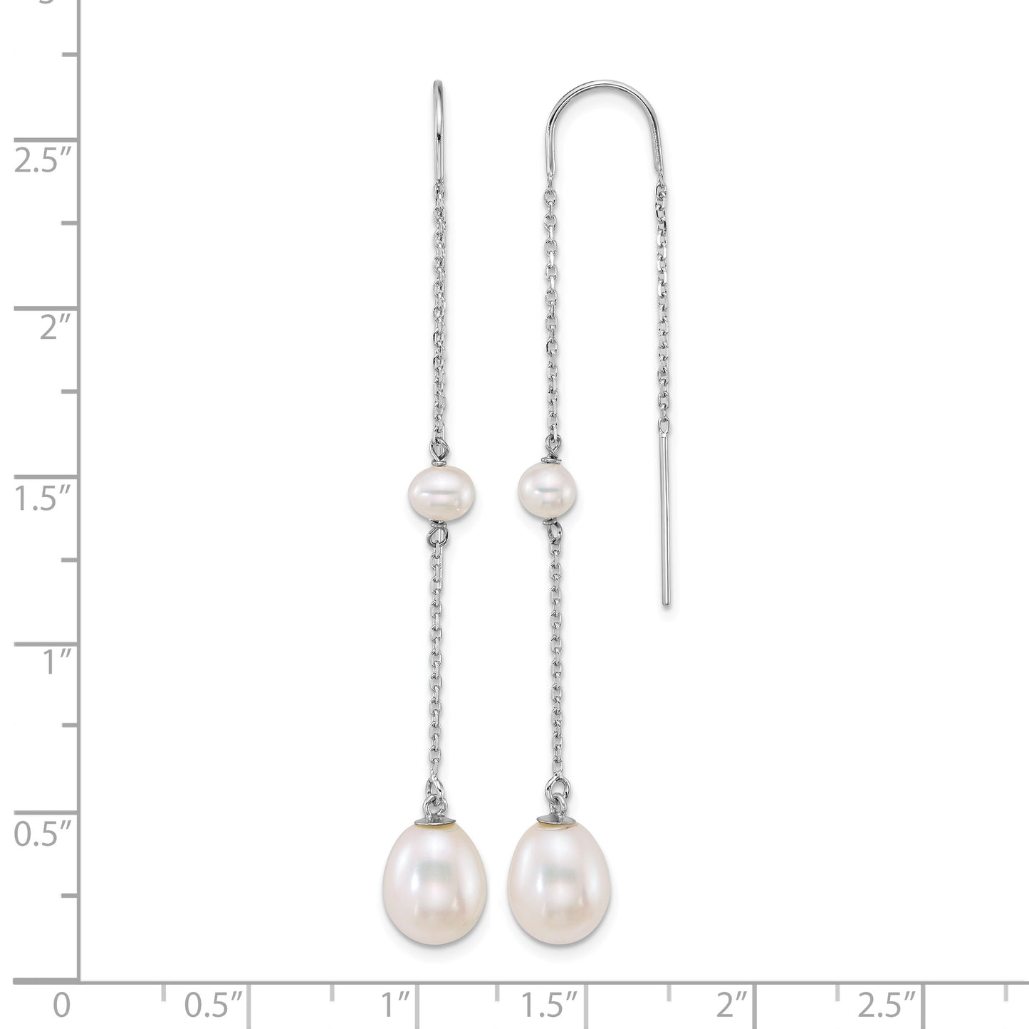 14k White Gold Polished 4-5mm Near Round and 7-8mm Teardrop White Freshwater Cultured Pearl and Chain Threader Earrings