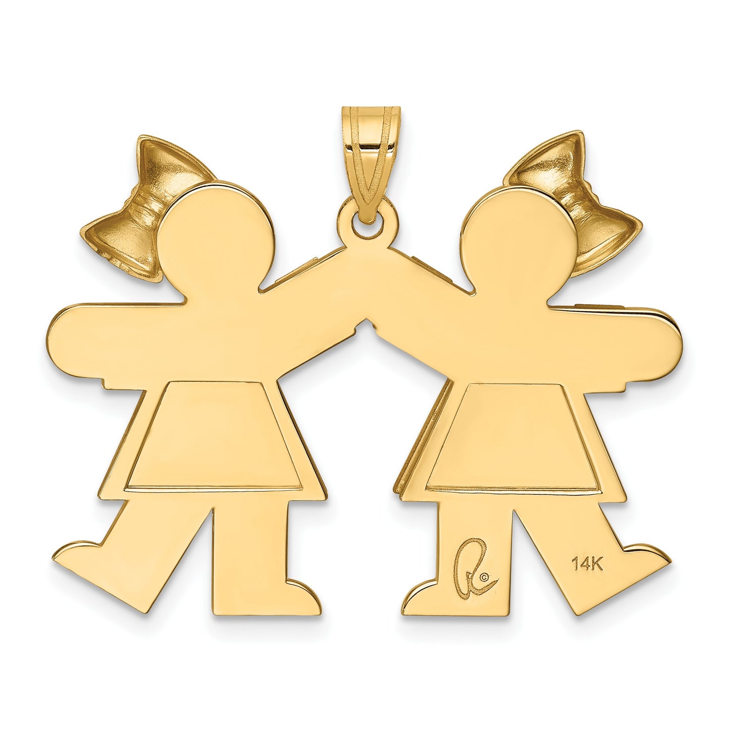 14k The Kids Solid Engravable Medium Double Girls with Bows Kiss Charm