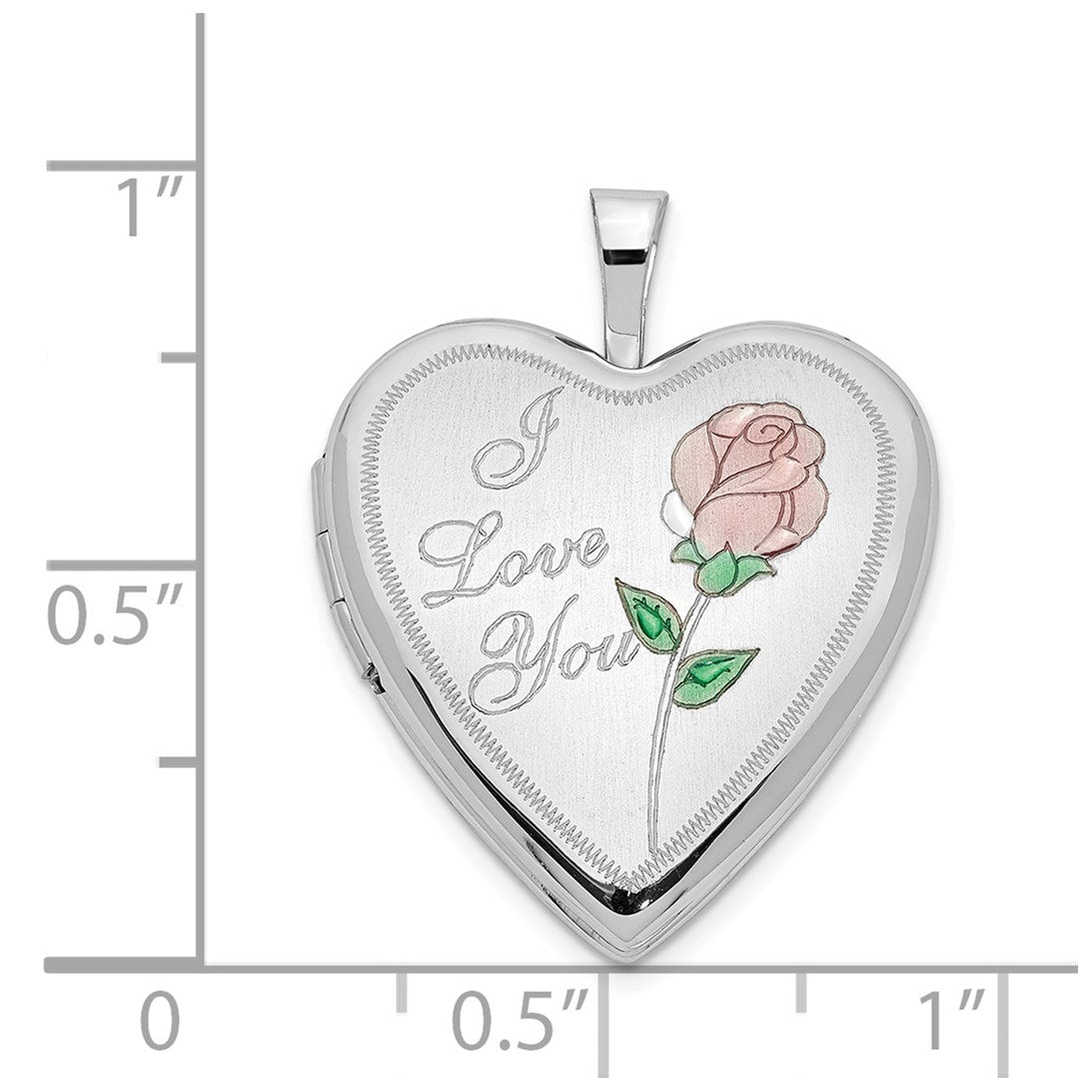 14K White Gold Pink and Green Enamel Rose I LOVE YOU Script 20mm Heart Locket