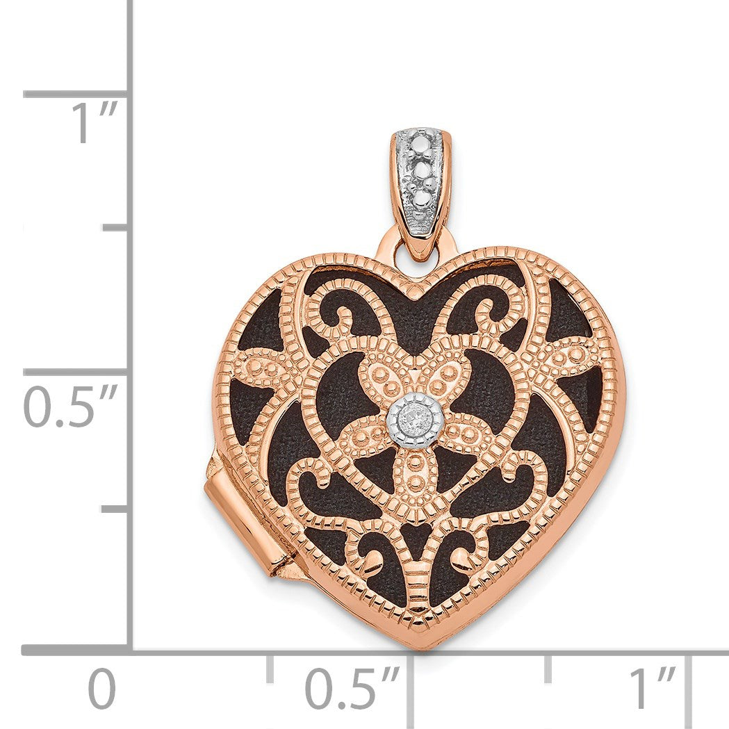 14k Rose Gold Diamond Vintage Filigree with Black Fabric Interior 18mm Heart Locket