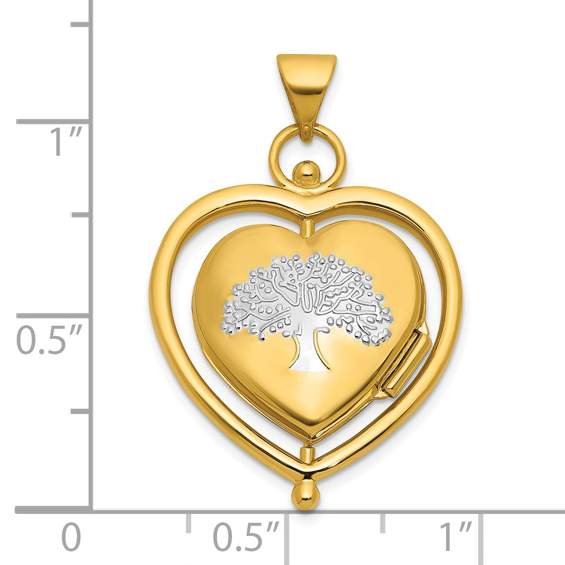 14k and White Rhodium Tree of Life and Flowers in Spinning Frame Reversible 15mm Heart Locket