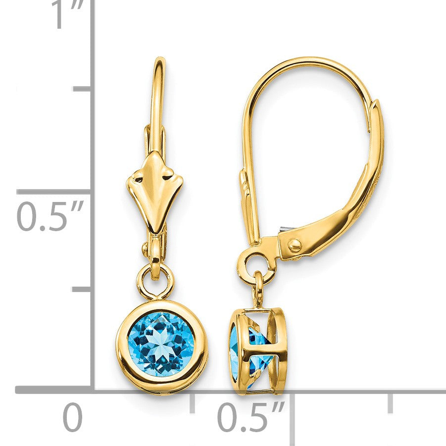 14k 5mm Round Blue Topaz Bezel Leverback Dangle Earrings