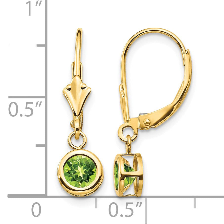 14k 5mm Round Peridot Bezel Leverback Dangle Earrings