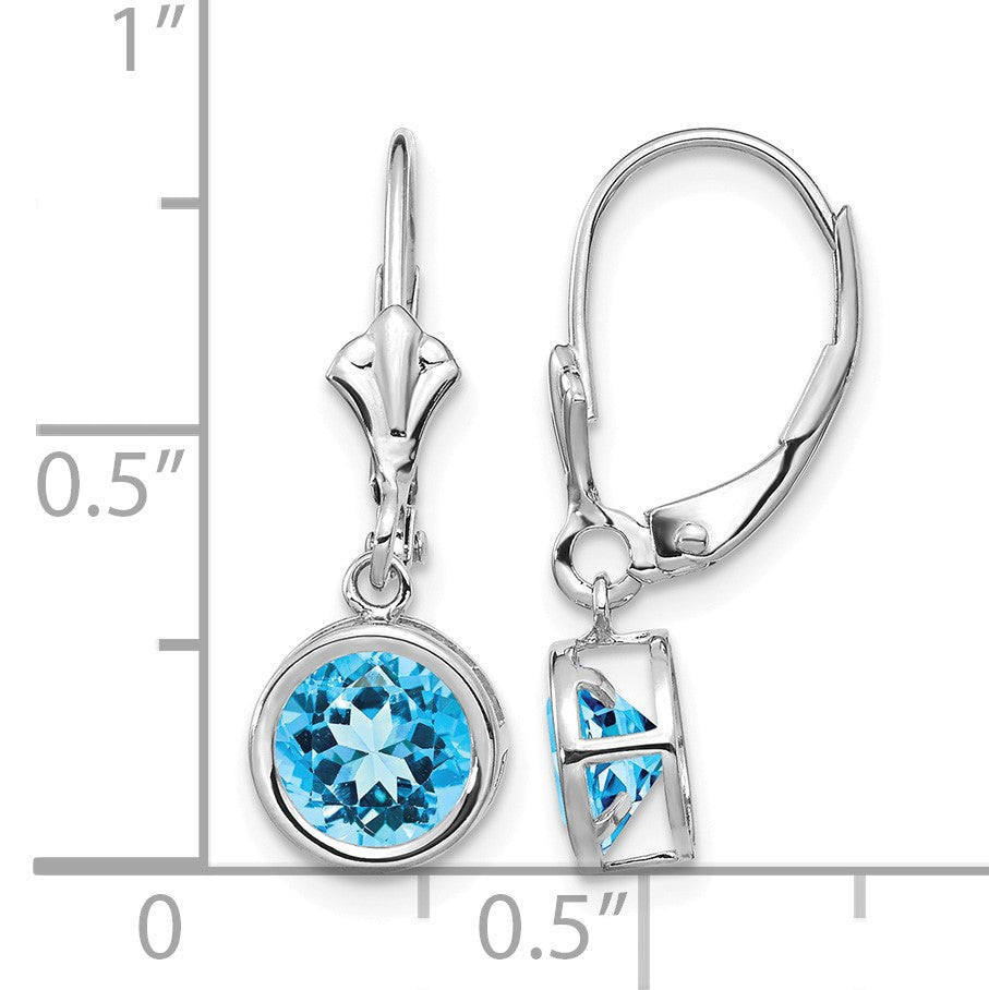 14k White Gold 6mm Round Blue Topaz Bezel Leverback Dangle Earrings