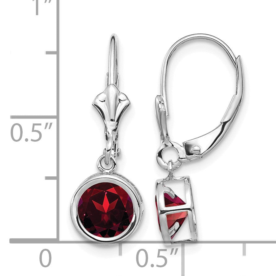 14k White Gold 6mm Round Garnet Dangle Leverback Earrings