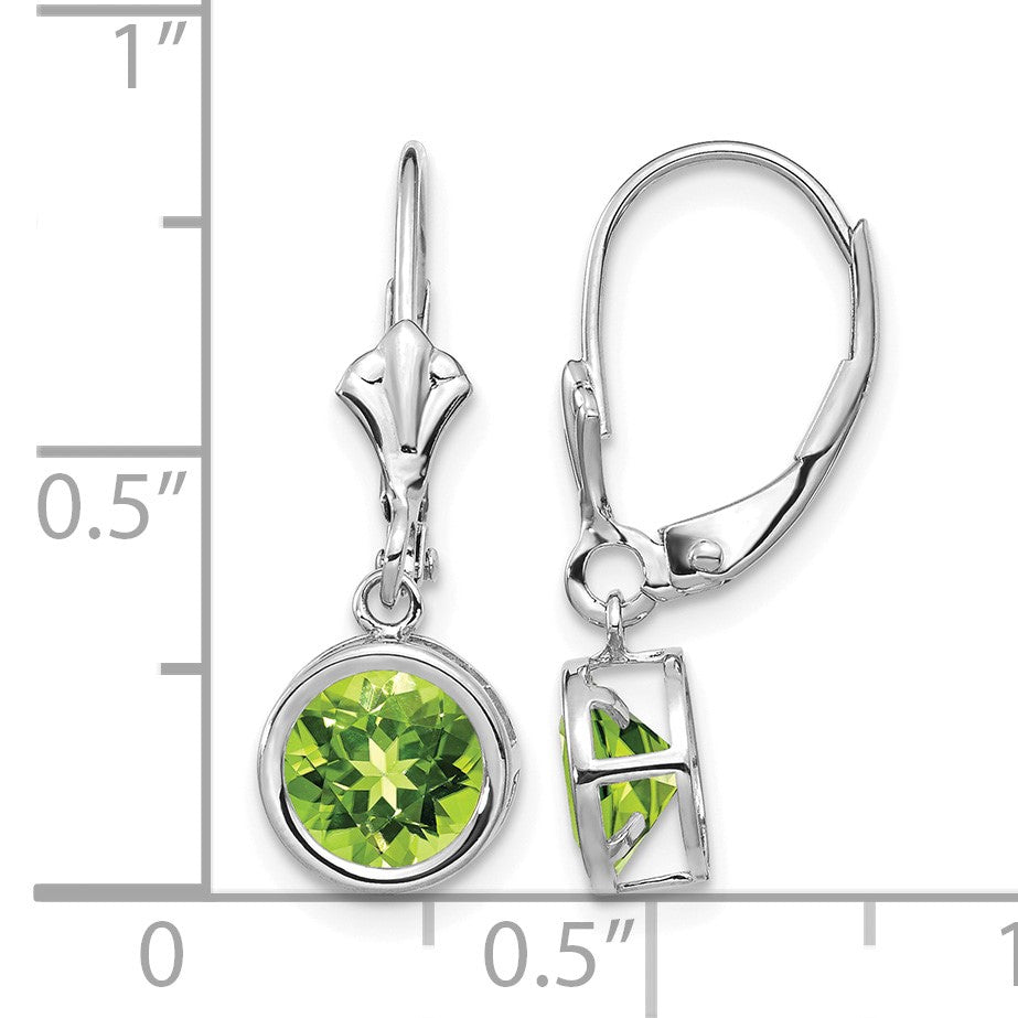 14k White Gold 6mm Round Peridot Bezel Leverback Dangle Earrings