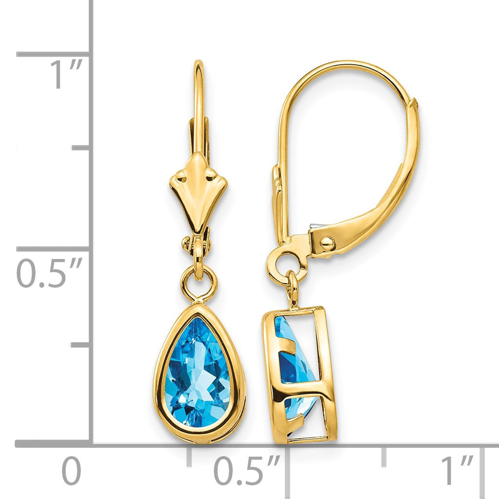 14k 8x5mm Pear Blue Topaz Bezel Leverback Dangle Earrings