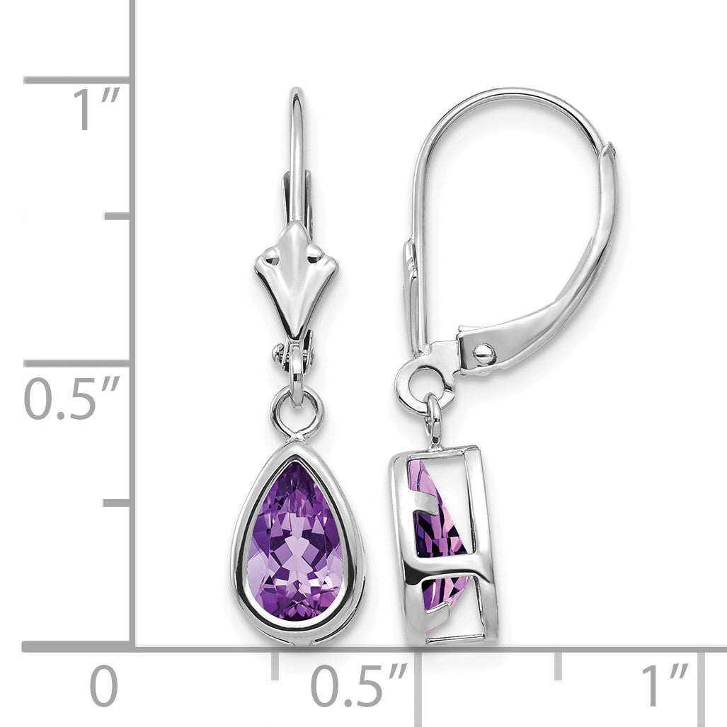 14k White Gold 8x5mm Pear Amethyst Bezel Leverback Dangle Earrings