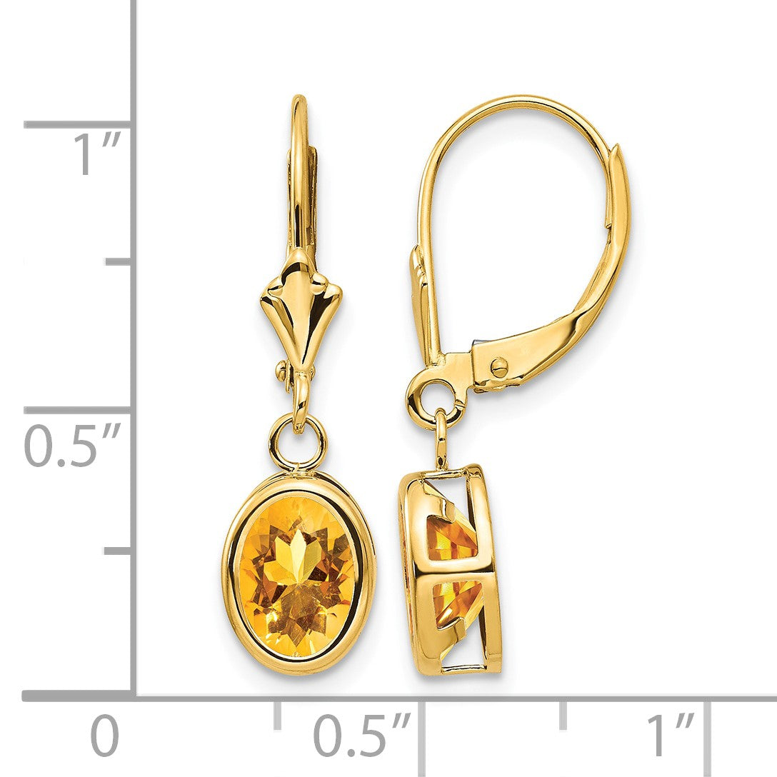 14k 8x6mm Oval Citrine Bezel Leverback Dangle Earrings