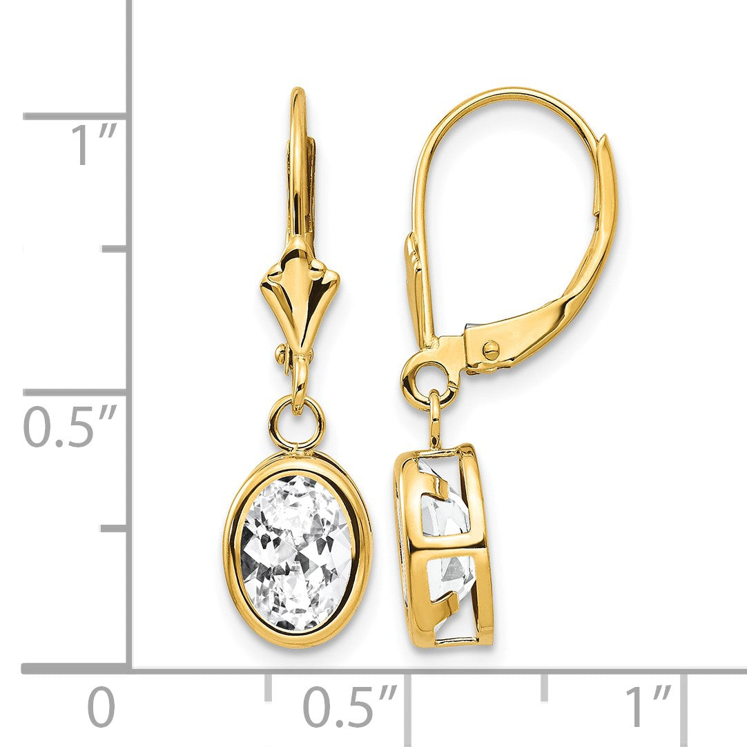 14k 8x6mm Oval Cubic Zirconia Bezel Leverback Dangle Earrings