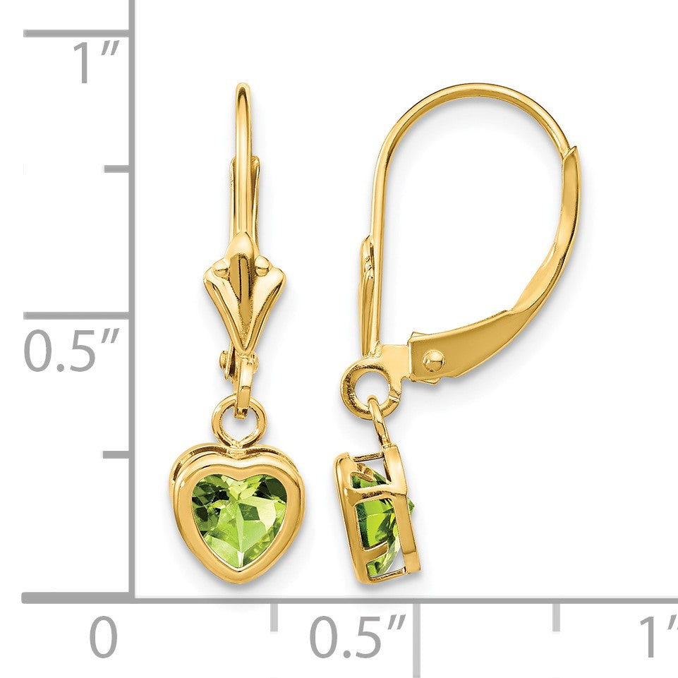 14k 5mm Heart Peridot Bezel Leverback Dangle Earrings