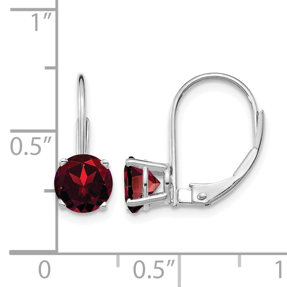 14k White Gold 6mm Round Garnet Leverback Earrings