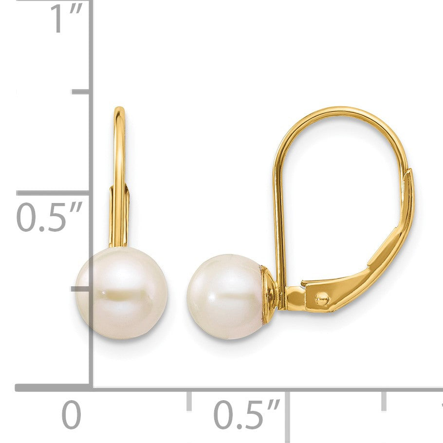 14k 6-7mm White Round Freshwater Cultured Pearl Leverback Earrings