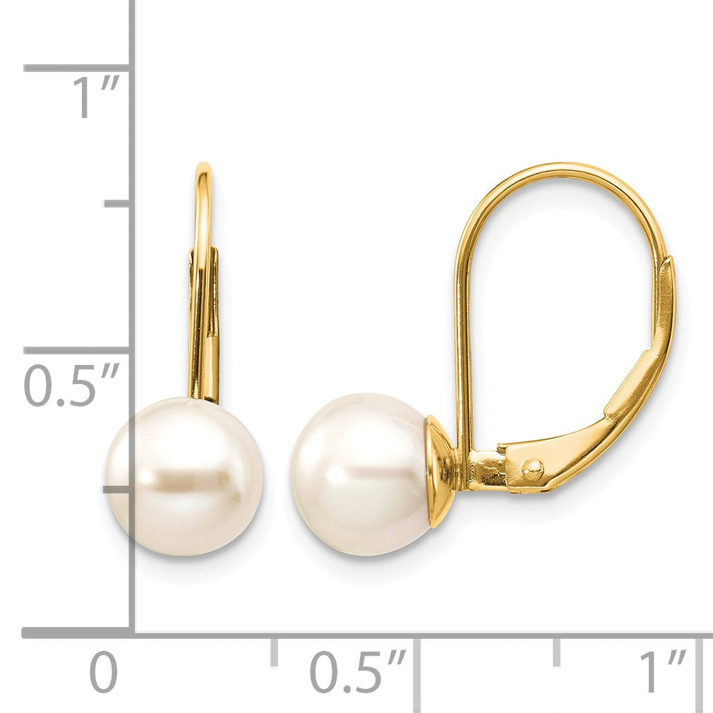 14k 7-8mm White Round Freshwater Cultured Pearl Leverback Earrings