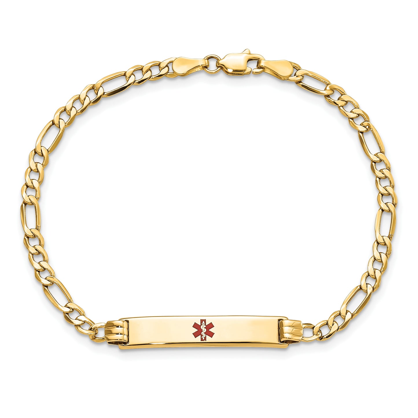 14K Medical Semi-Solid Chain/Solid Plate 26x5mm Centered Red Enamel Figaro Link 8 inch ID Bracelet