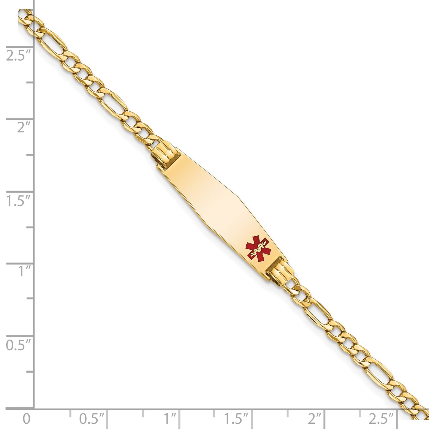 14K Medical Semi-Solid Chain/Solid Plate 26x7mm Soft Diamond Shape Off-Center Red Enamel Figaro Link 8 inch ID Bracelet