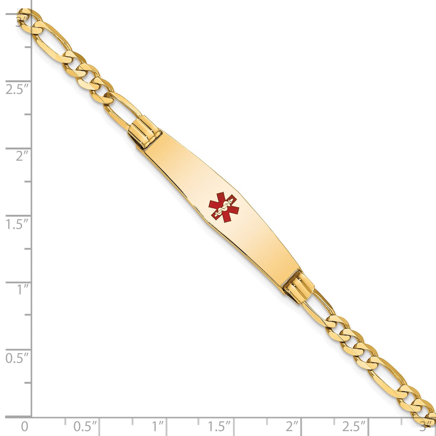 14K Medical Solid Chain/Solid Plate Soft Diamond Shape 36x9mm Centered Red Enamel Figaro Link 8 inch ID Bracelet