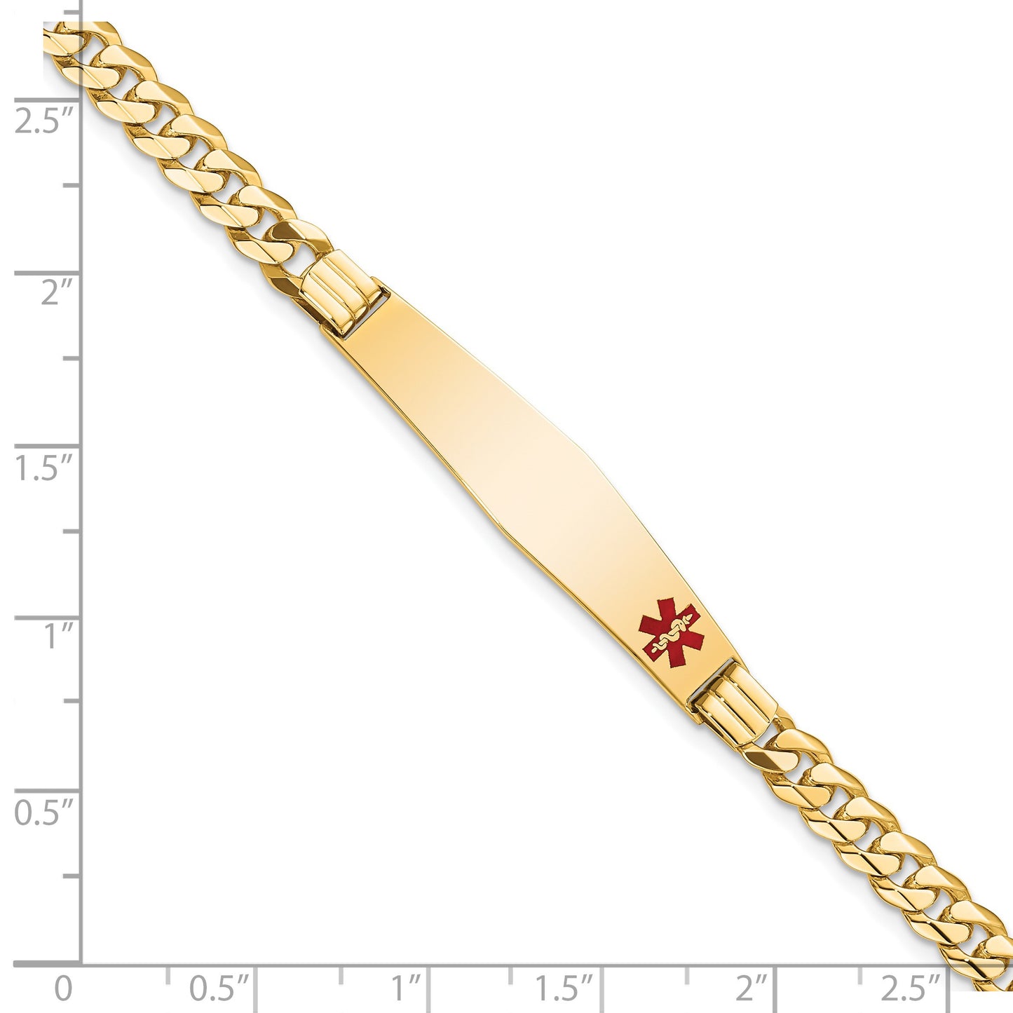 14K Medical Solid Chain/Solid Plate 37x6mm Centered Red Enamel Curb Link 8 inch ID Bracelet