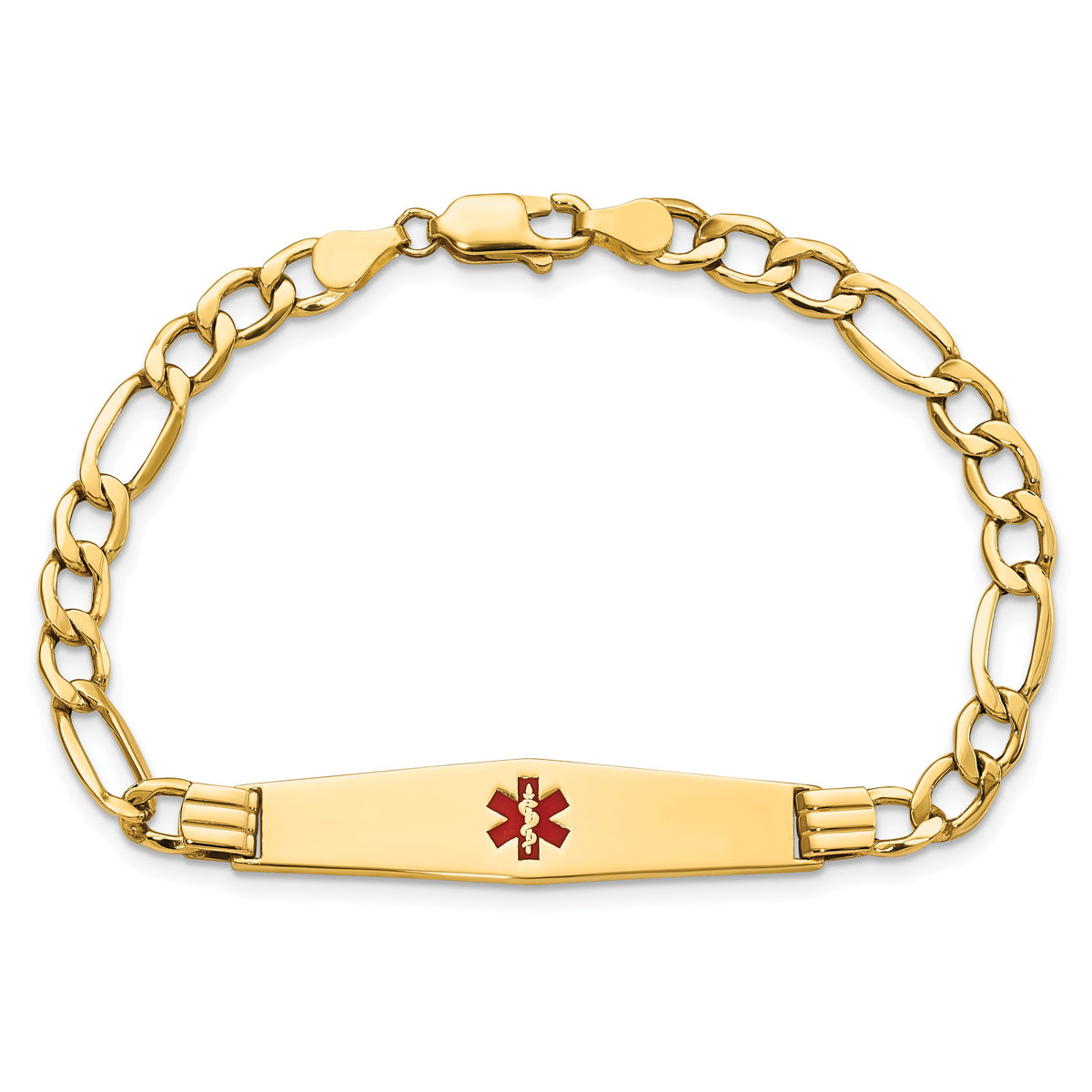14K Medical Semi-Solid Chain/Solid Plate Soft Diamond Shape 37x9mm Centered Red Enamel Figaro Link 8 inch ID Bracelet