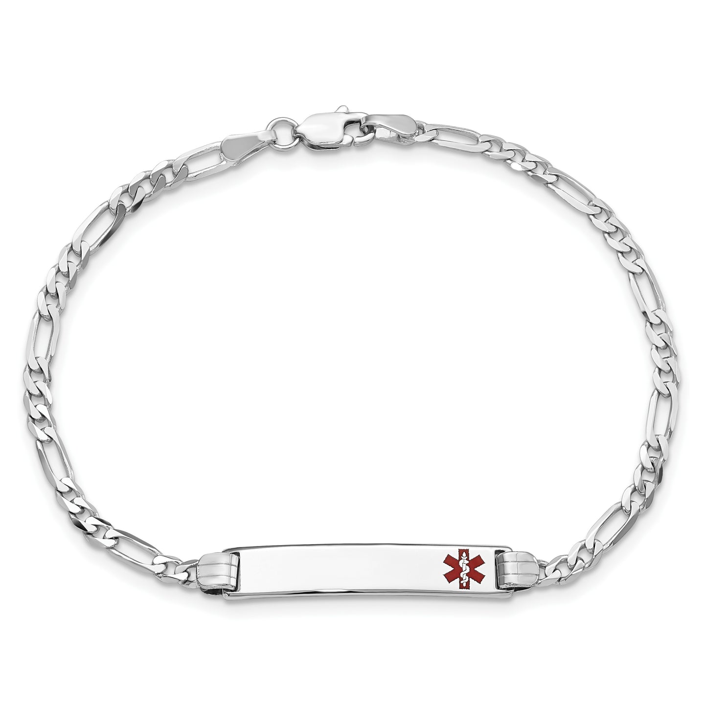 14K White Gold Medical Solid Chain/Solid Plate 26x5mm Off-Center Red Enamel Figaro Link 8 inch ID Bracelet