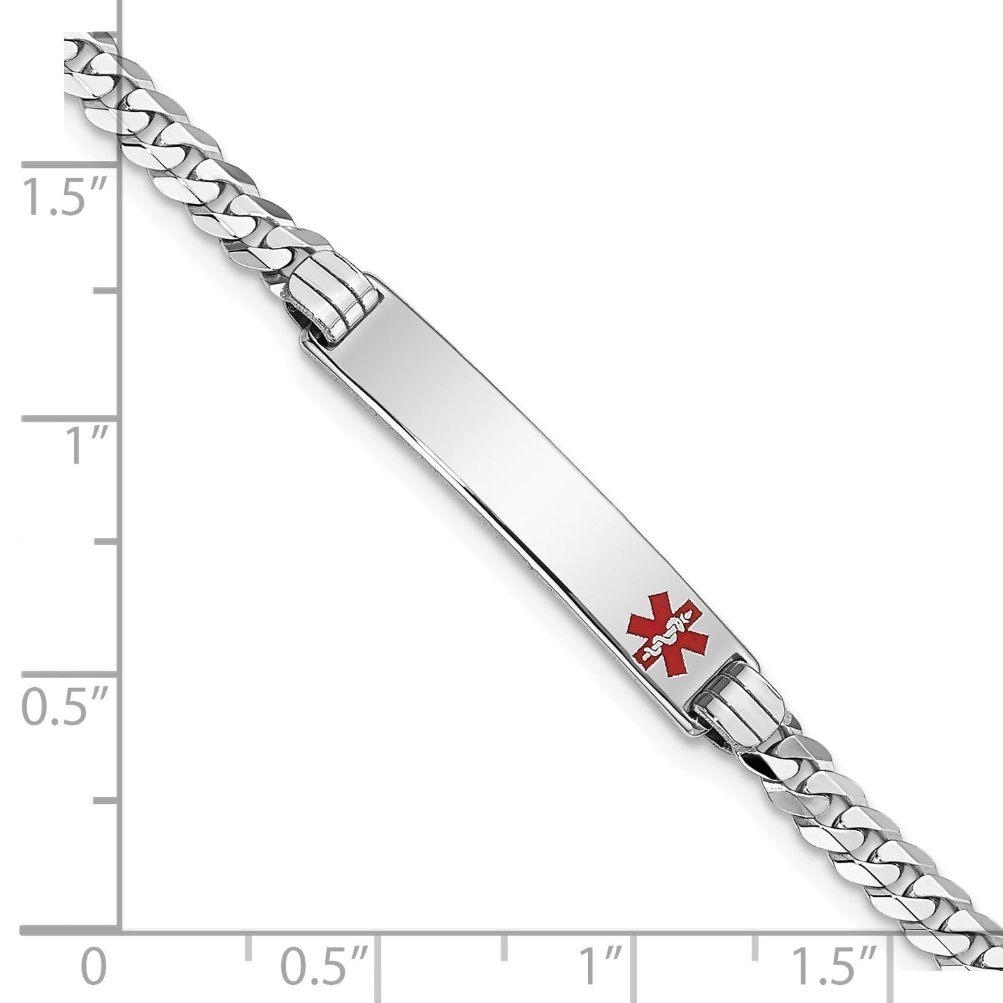 14K White Gold Medical Solid Chain/Solid Plate 26x5mm Off-Center Red Enamel Flat Curb Link 8 inch ID Bracelet