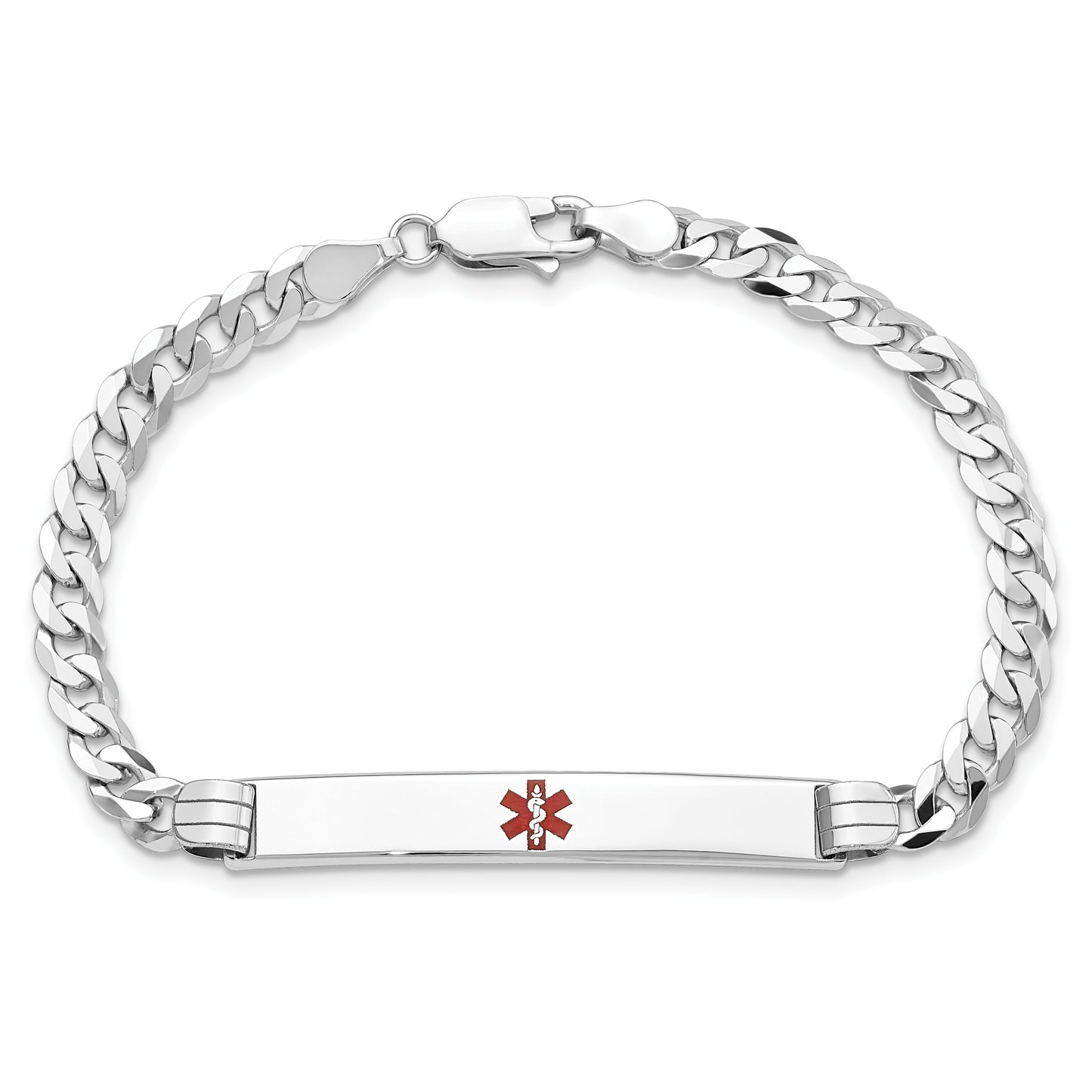 14K White Gold Medical Solid Chain/Solid Plate 37x6mm Centered Red Enamel Flat Curb Link 8 inch ID Bracelet