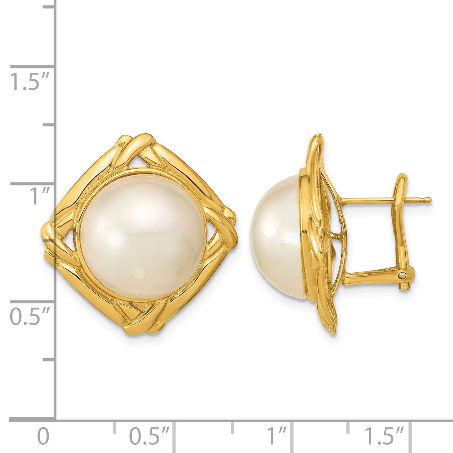 14k 13-14mm White Mabe Saltwater Cultured Pearl Omega Back Earrings