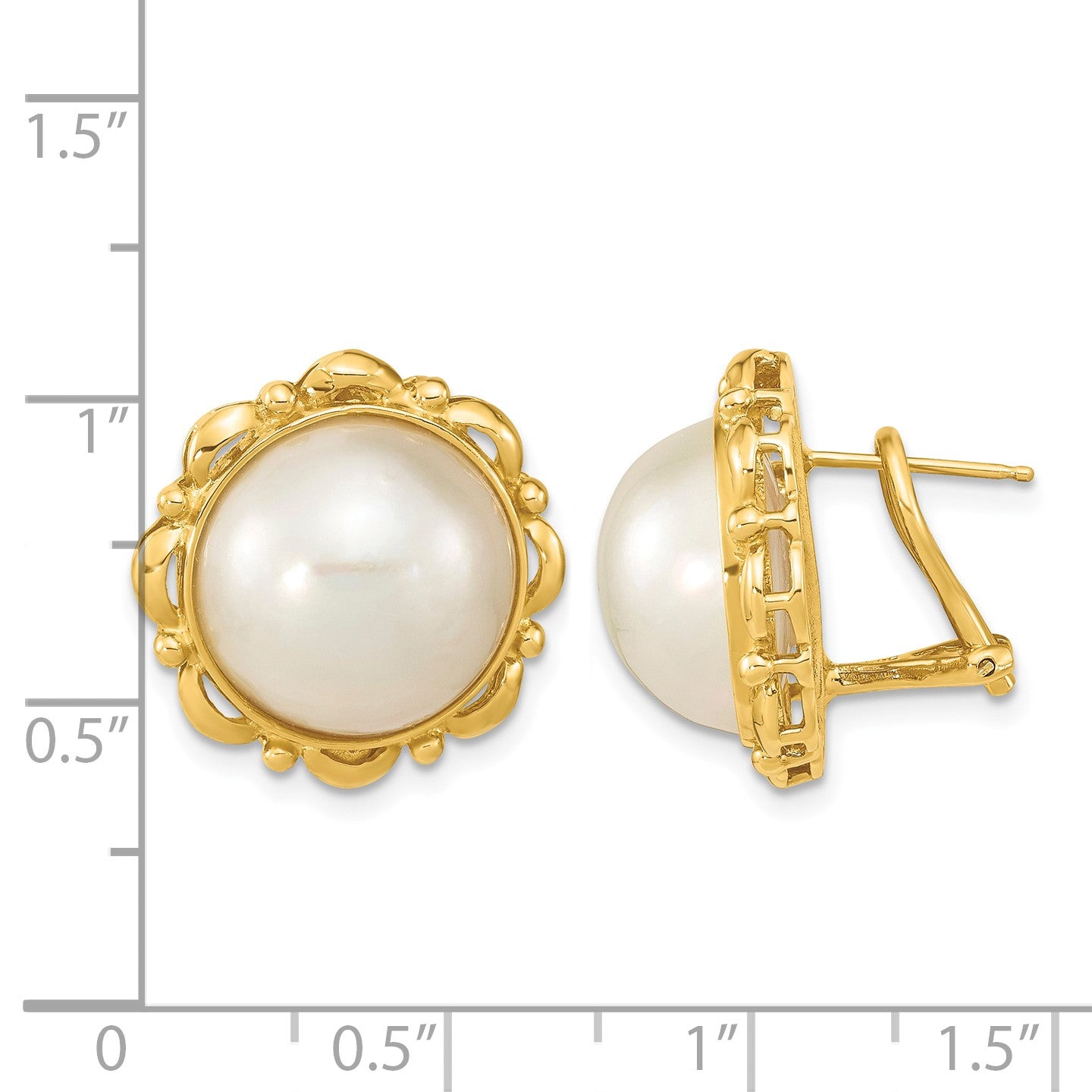 14k 13-14mm White Mabe Saltwater Cultured Pearl Omega Back Earrings
