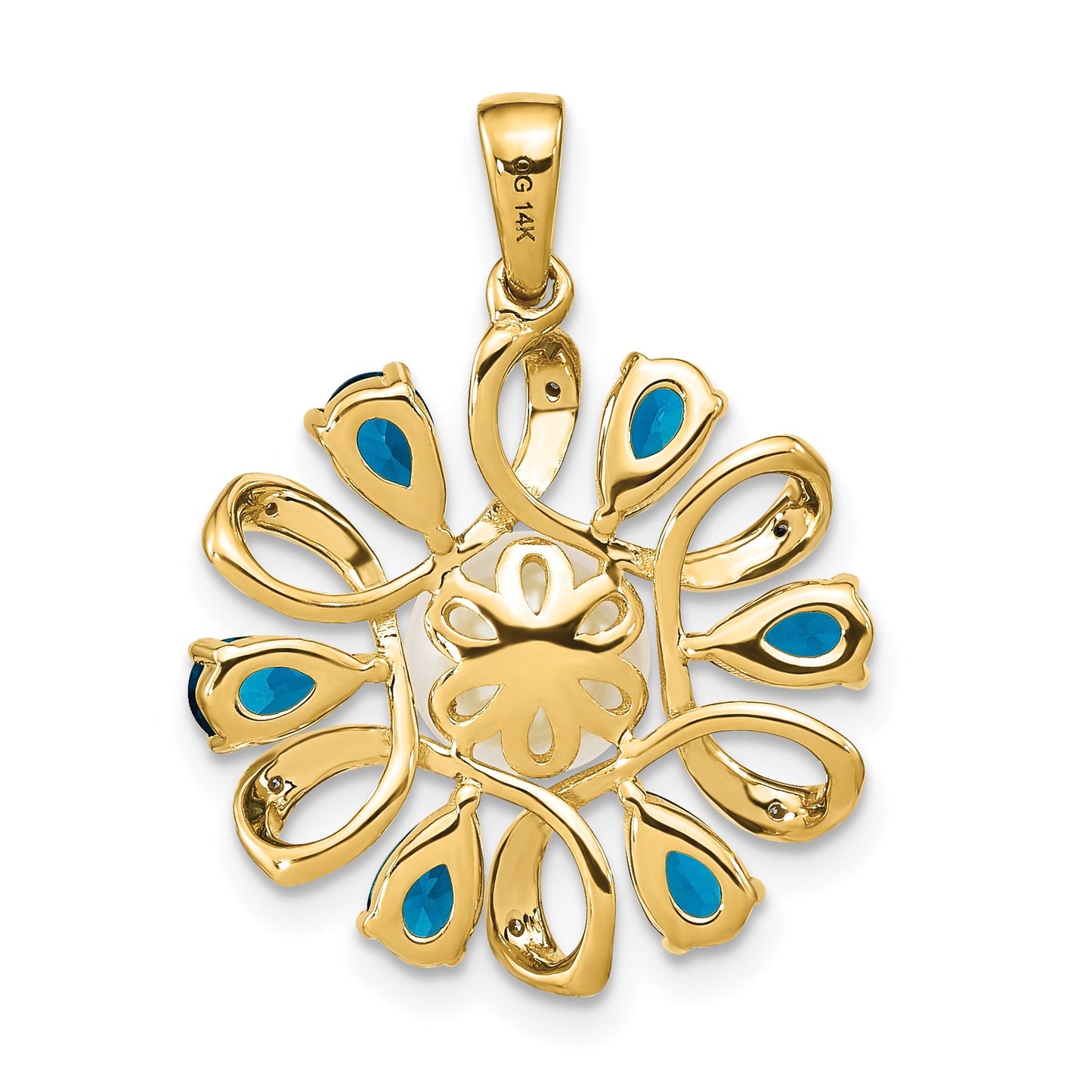 14k 6-7mm Button White Freshwater Cultured Pearl/Pear London Blue Topaz/Diamond Pendant