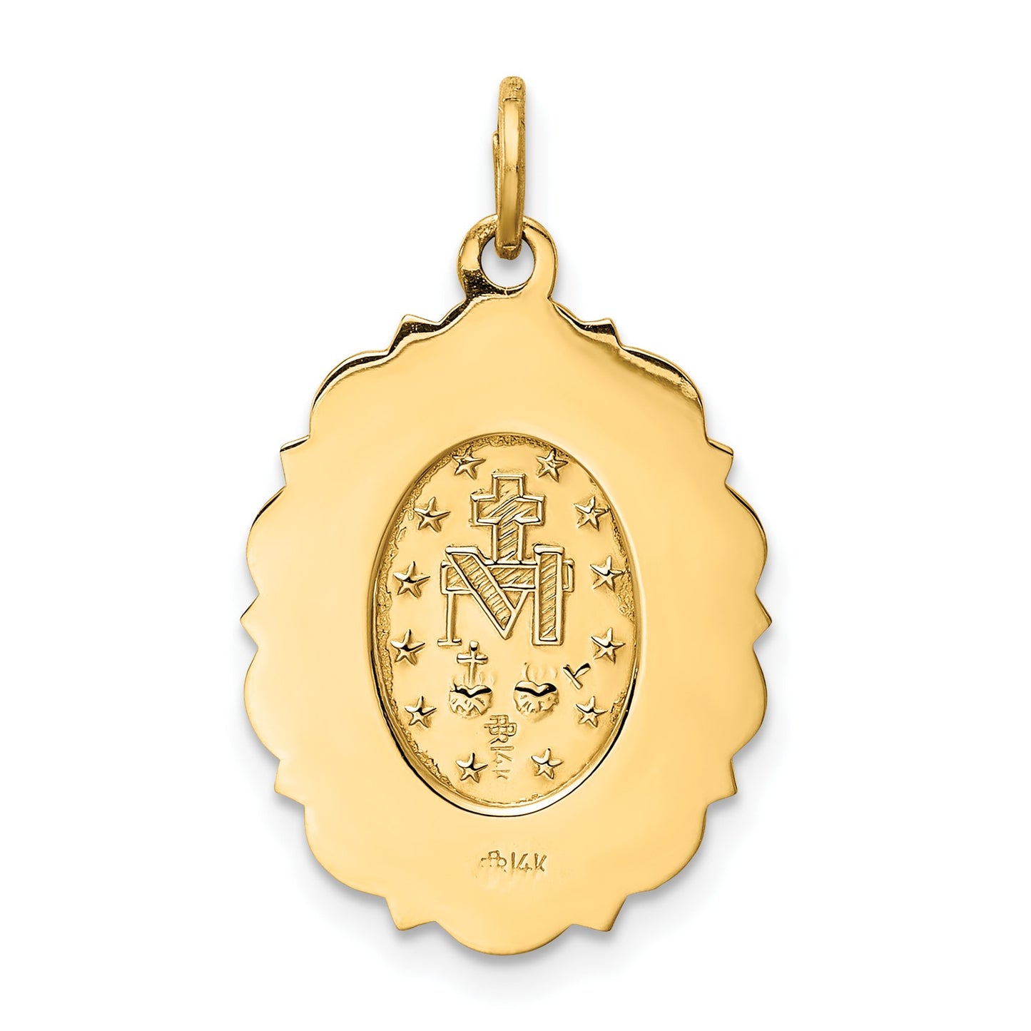 14k Polished and Satin Solid Miraculous Medal Scalloped Edge Oval Pendant