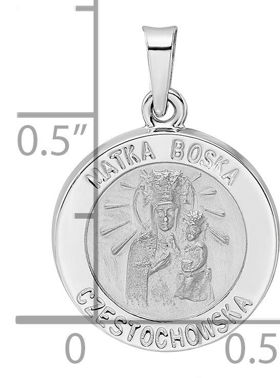 14k White Gold Polished and Satin Hollow Matka Boska Czestochowska Medal Reversible Round Pendant
