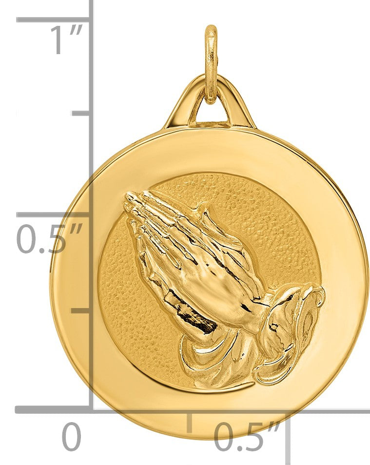 14k Polished and Satin Solid Reversible Praying Hands and Serenity Prayer Disc Pendant