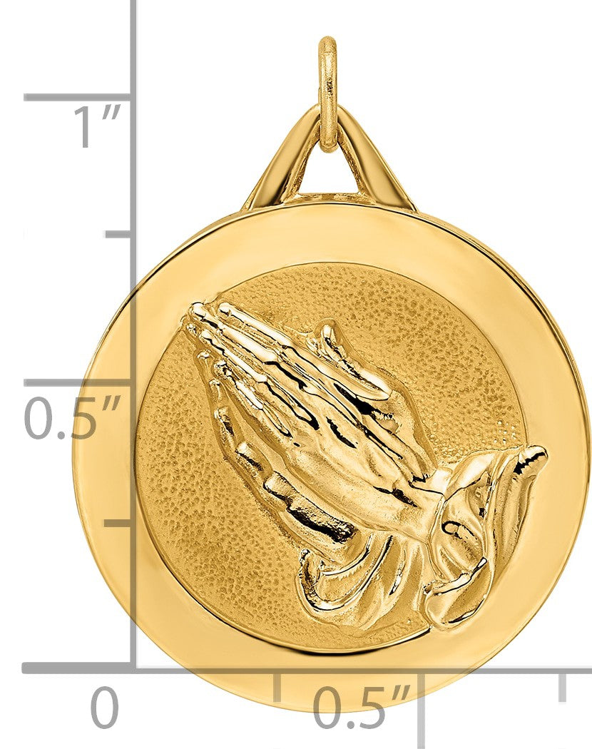 14k Polished and Satin Solid Reversible Praying Hands and Serenity Prayer Disc Pendant
