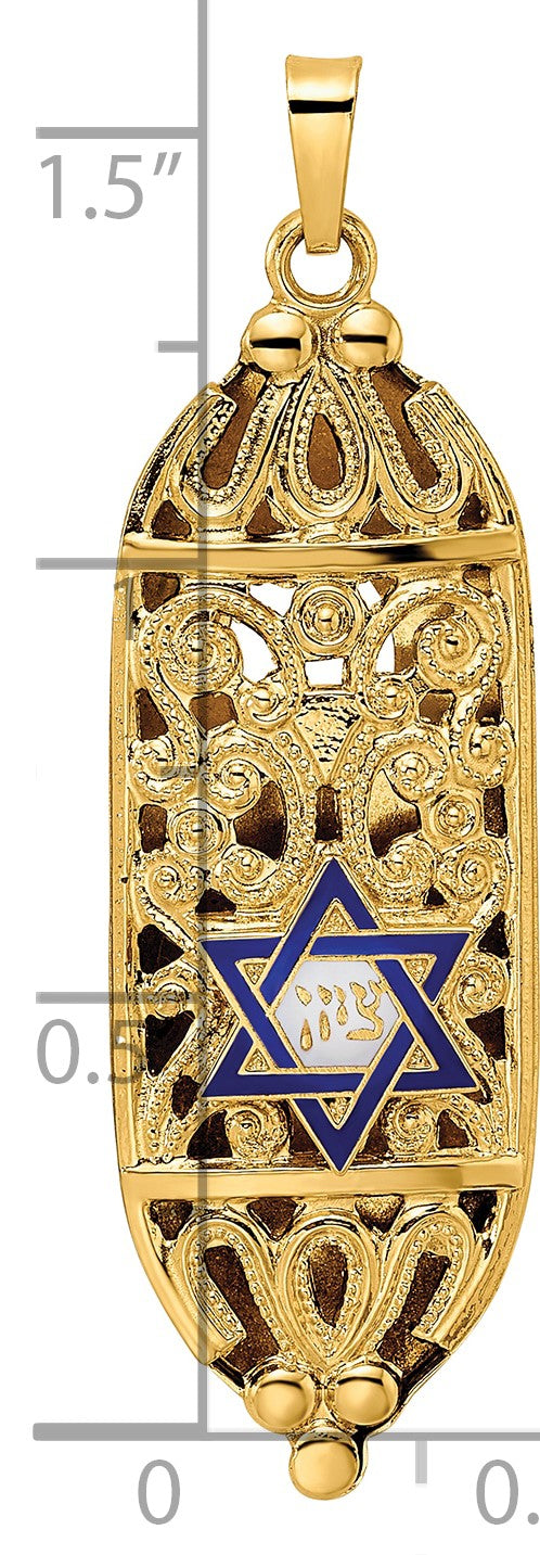 14k Polished Mezuzah with Blue and White Enameled Star of David Pendant