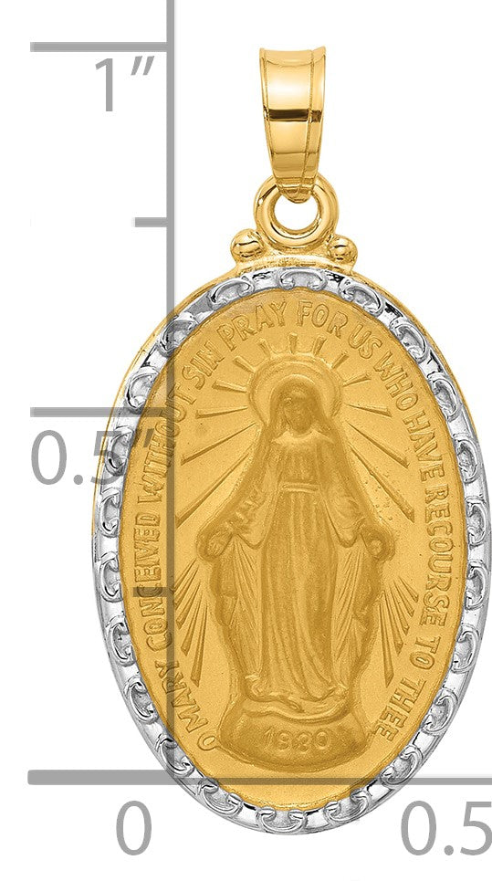 14K and White Rhodium Polished and Satin Solid Miraculous Medal Oval Pendant